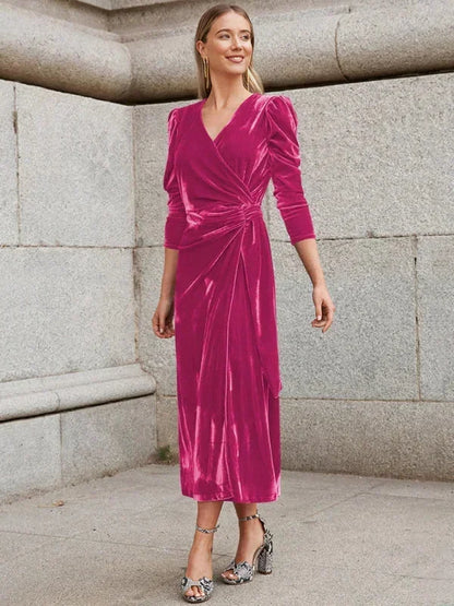 Vestido midi mujer cruzado con mangas abullonadas y detalles anudados
