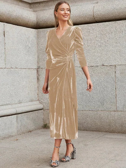 Vestido midi mujer cruzado con mangas abullonadas y detalles anudados