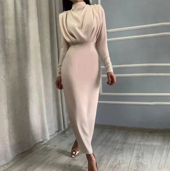 Vestido midi de mujer drapeado con cuello alto y mangas largas