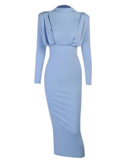 Vestido midi de mujer drapeado con cuello alto y mangas largas