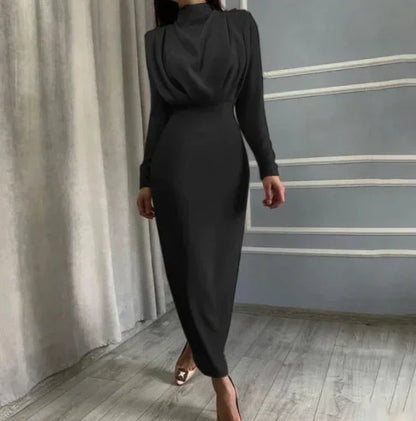 Vestido midi de mujer drapeado con cuello alto y mangas largas