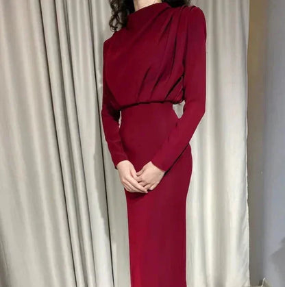 Vestido midi de mujer drapeado con cuello alto y mangas largas