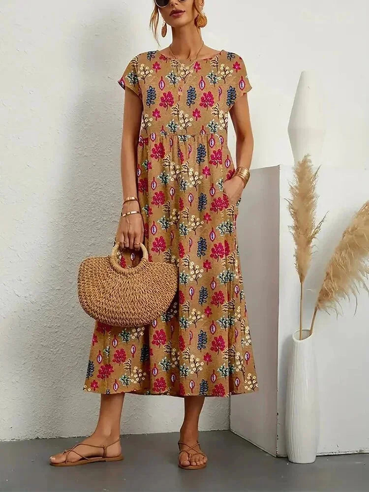 Vestido midi mujer de algodón estampado floral con bolsillos
