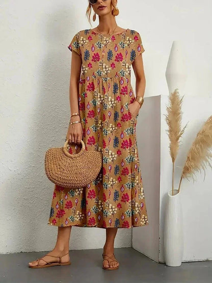 Vestido midi mujer de algodón estampado floral con bolsillos