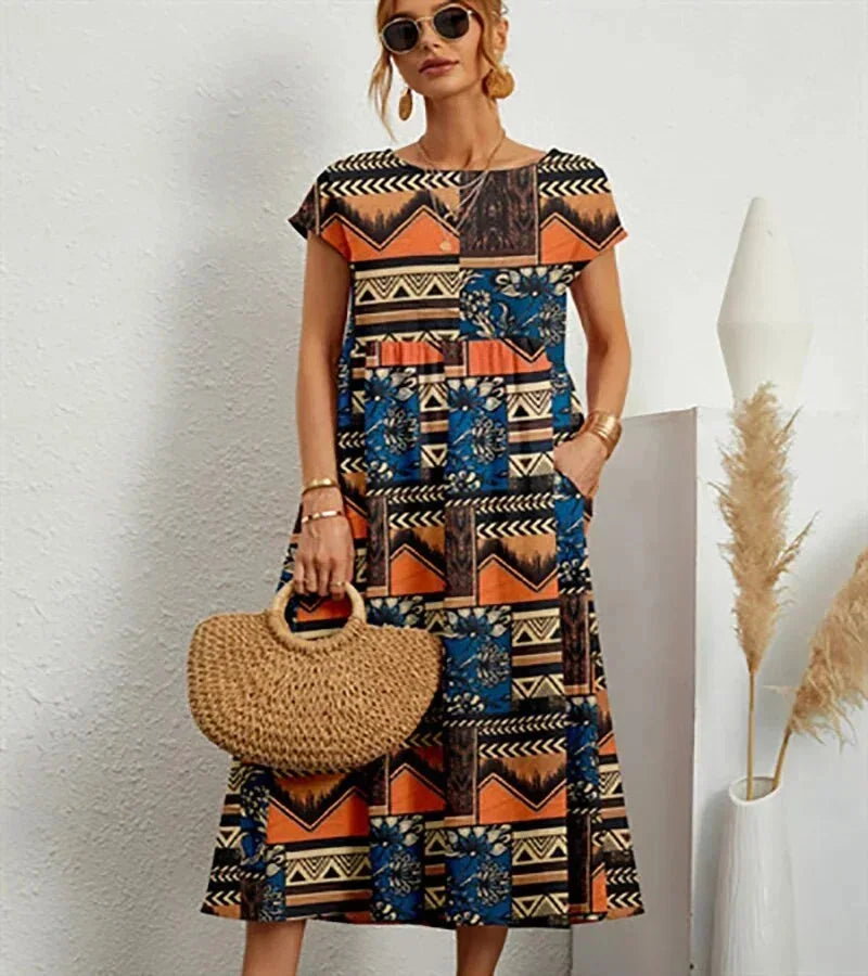 Vestido midi mujer de algodón estampado floral con bolsillos