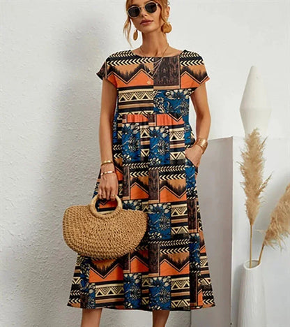 Vestido midi mujer de algodón estampado floral con bolsillos
