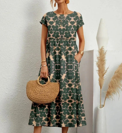 Vestido midi mujer de algodón estampado floral con bolsillos