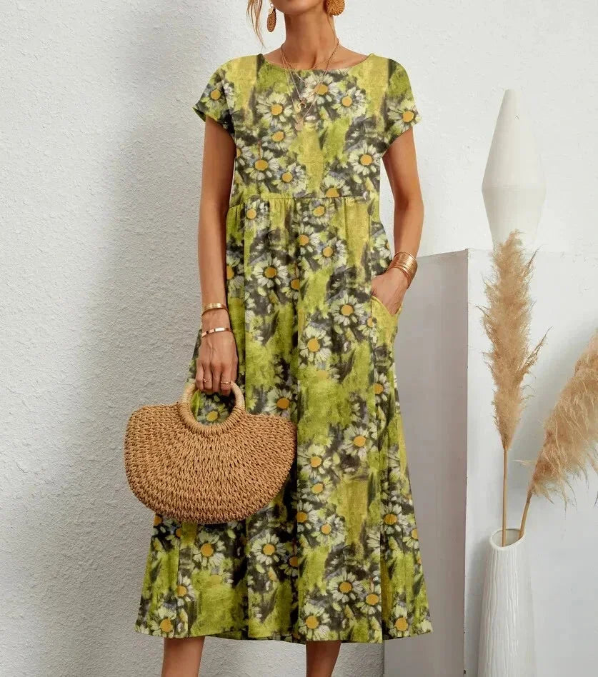Vestido midi mujer de algodón estampado floral con bolsillos