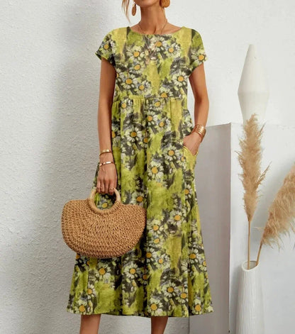 Vestido midi mujer de algodón estampado floral con bolsillos