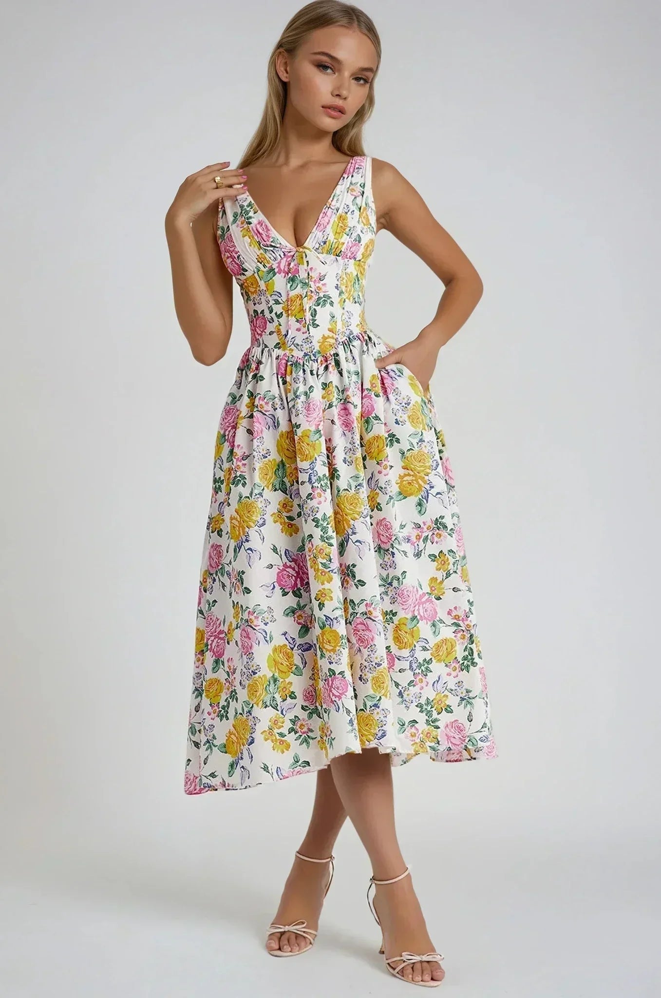 Vestido midi mujer floreado con tirantes