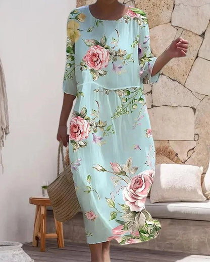 Vestido midi mujer con motivos variados mangas medio largas playa