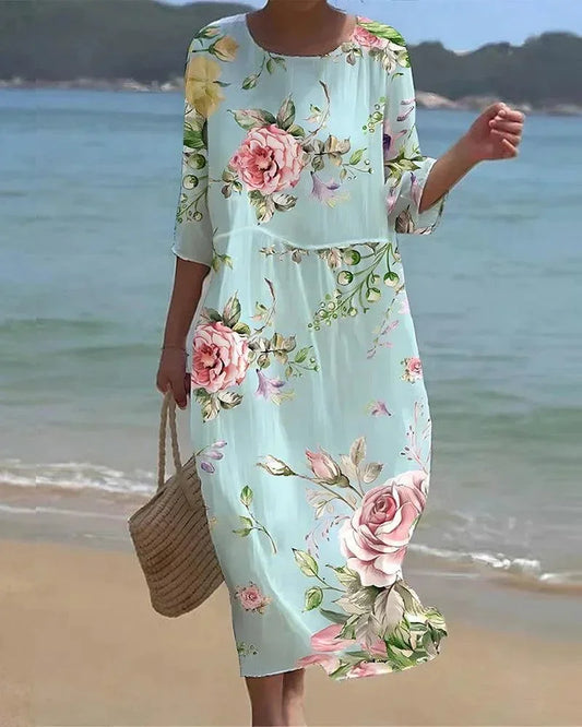 Vestido midi mujer con motivos variados mangas medio largas playa