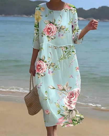 Vestido midi mujer con motivos variados mangas medio largas playa