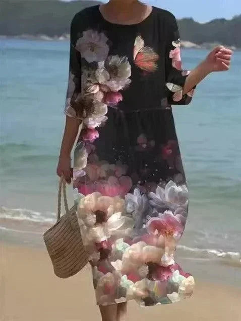 Vestido midi mujer con motivos variados mangas medio largas playa