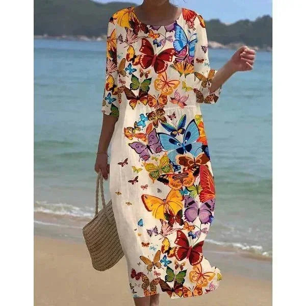 Vestido midi mujer con motivos variados mangas medio largas playa