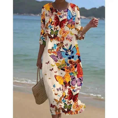 Vestido midi mujer con motivos variados mangas medio largas playa