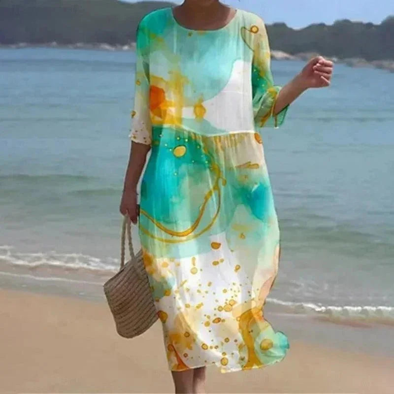Vestido midi mujer con motivos variados mangas medio largas playa
