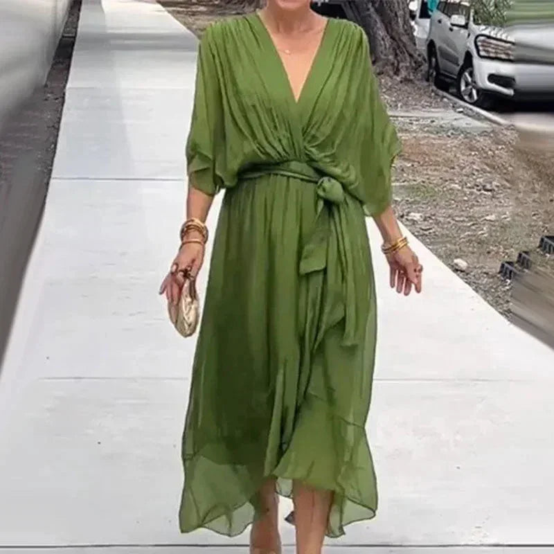 Vestido midi mujer cruzado con escote en V y lazada en la cintura