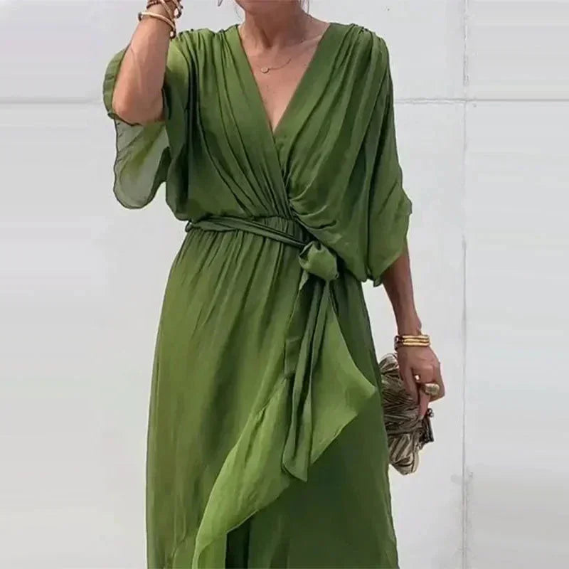Vestido midi mujer cruzado con escote en V y lazada en la cintura