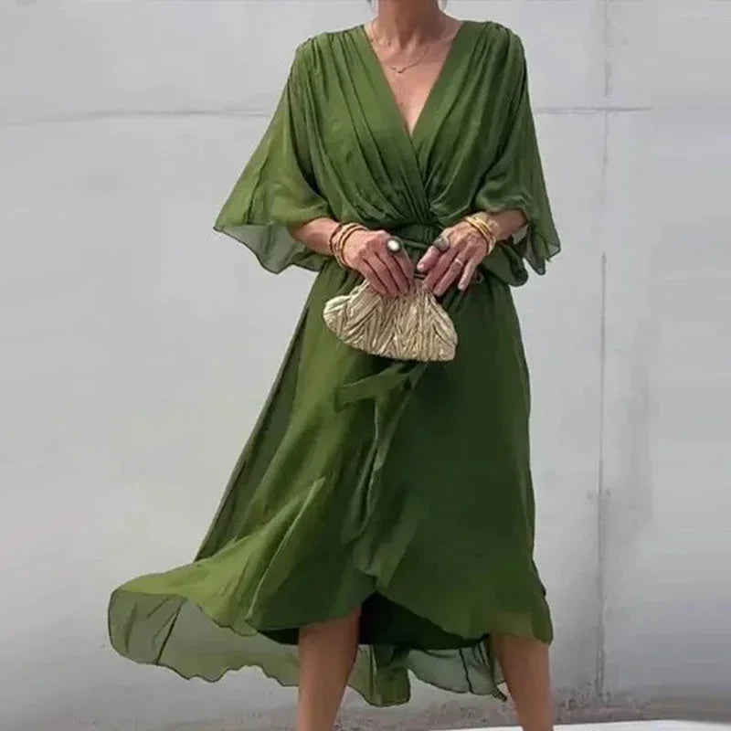 Vestido midi mujer cruzado con escote en V y lazada en la cintura