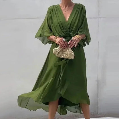 Vestido midi mujer cruzado con escote en V y lazada en la cintura