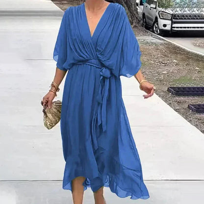 Vestido midi mujer cruzado con escote en V y lazada en la cintura