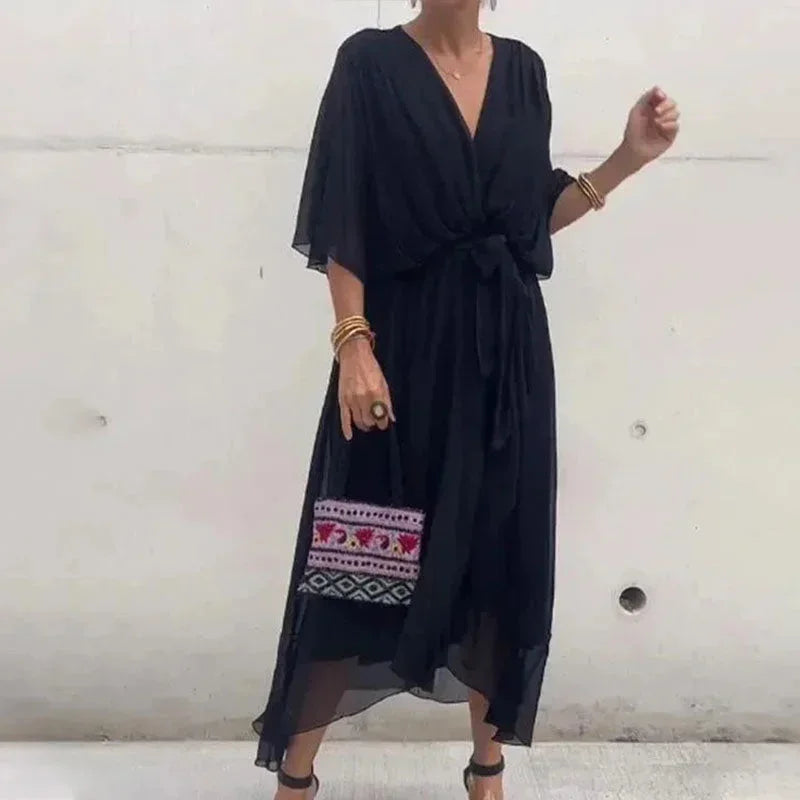 Vestido midi mujer cruzado con escote en V y lazada en la cintura