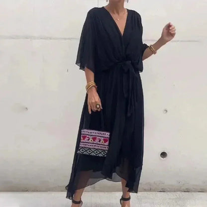 Vestido midi mujer cruzado con escote en V y lazada en la cintura