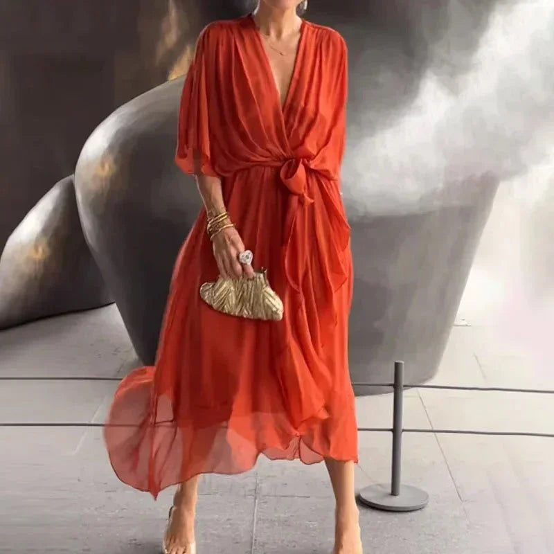 Vestido midi mujer cruzado con escote en V y lazada en la cintura