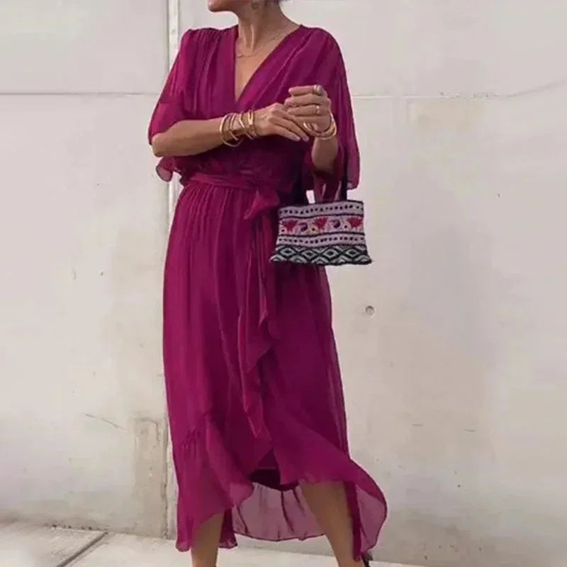 Vestido midi mujer cruzado con escote en V y lazada en la cintura