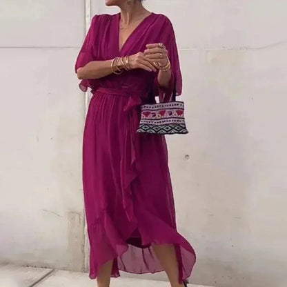 Vestido midi mujer cruzado con escote en V y lazada en la cintura