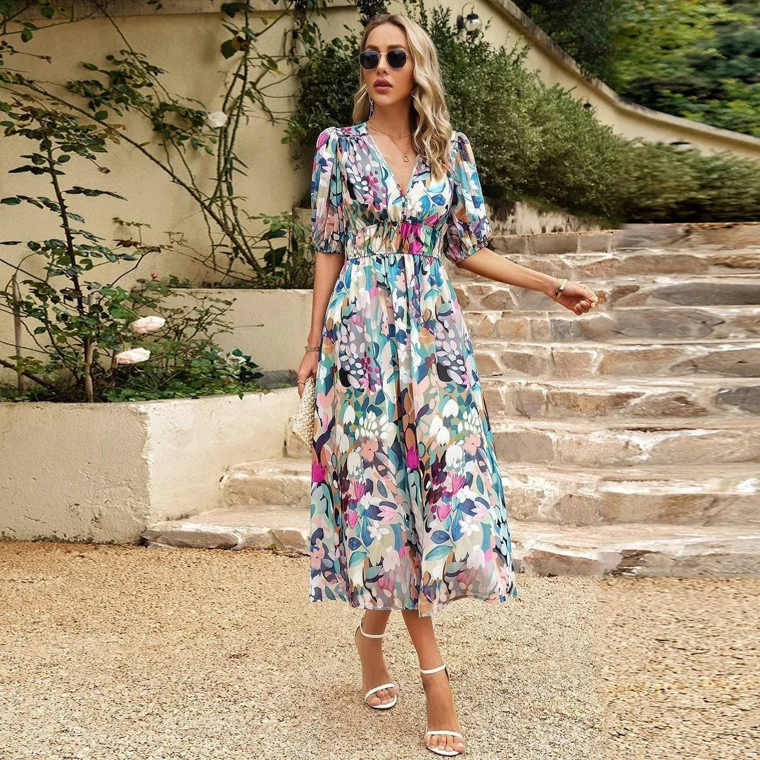 Vestido midi mujer con estampado floral, escote en V y mangas cortas
