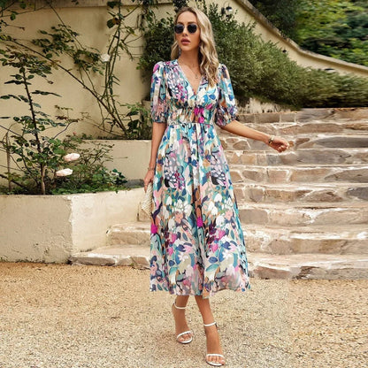 Vestido midi mujer con estampado floral, escote en V y mangas cortas