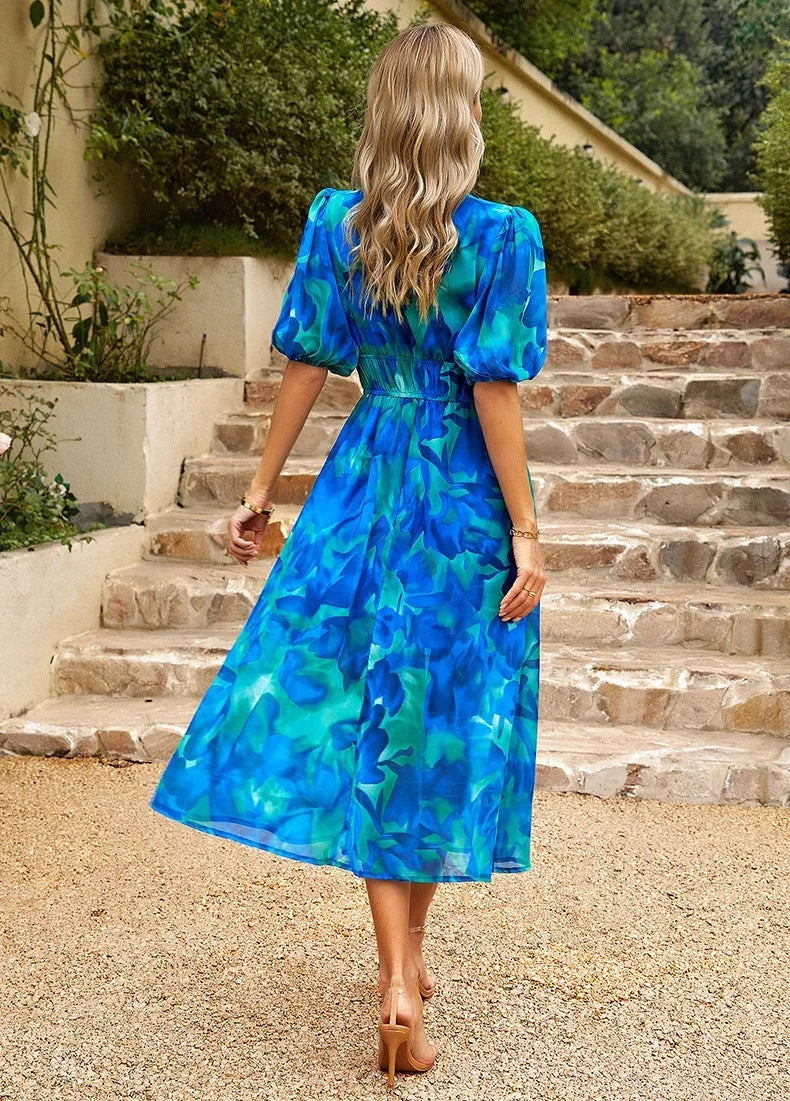 Vestido midi mujer con estampado floral, escote en V y mangas cortas