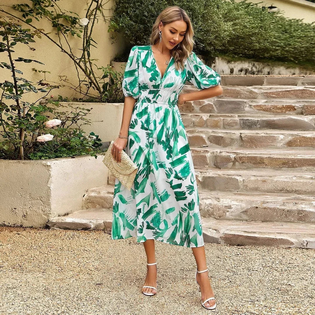 Vestido midi mujer con estampado floral, escote en V y mangas cortas