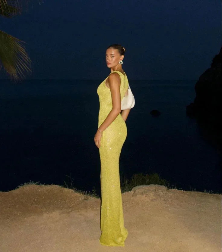 Vestido largo mujer brillante ajustado sin mangas para fiesta