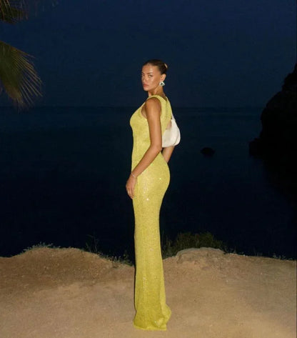 Vestido largo mujer brillante ajustado sin mangas para fiesta