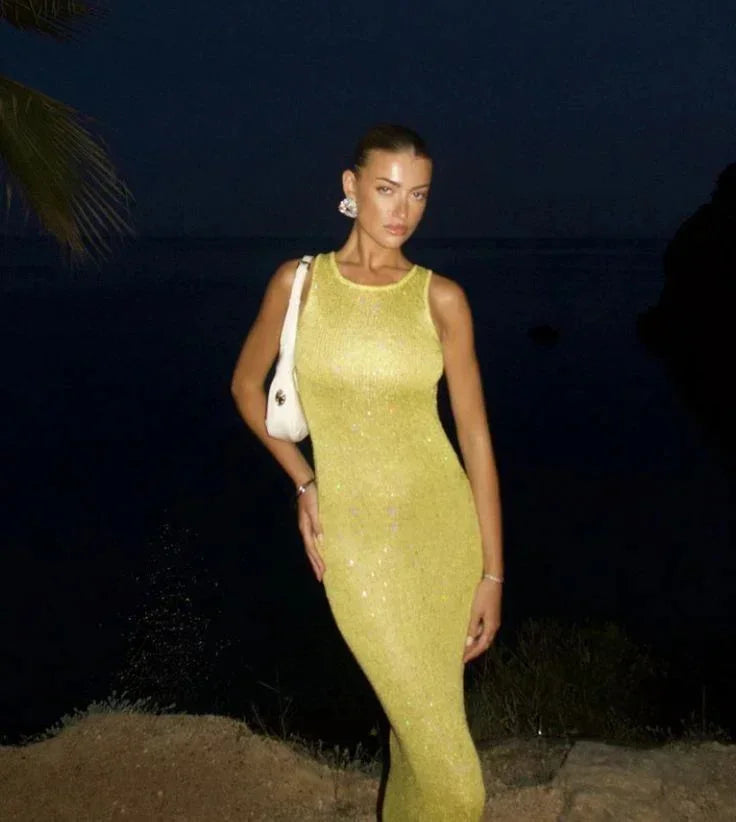 Vestido largo mujer brillante ajustado sin mangas para fiesta