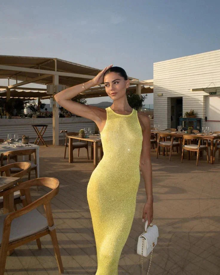 Vestido largo mujer brillante ajustado sin mangas para fiesta