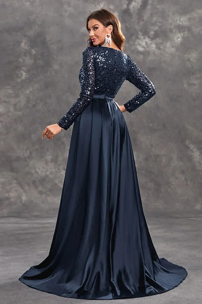 Vestido de noche largo con lentejuelas y falda fluida