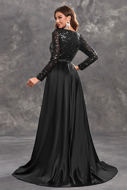 Vestido de noche largo con lentejuelas y falda fluida