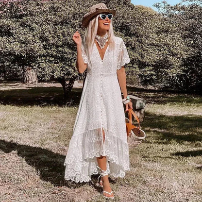 Vestido de verano blanco de encaje corte asimétrico alto-bajo con escote en V