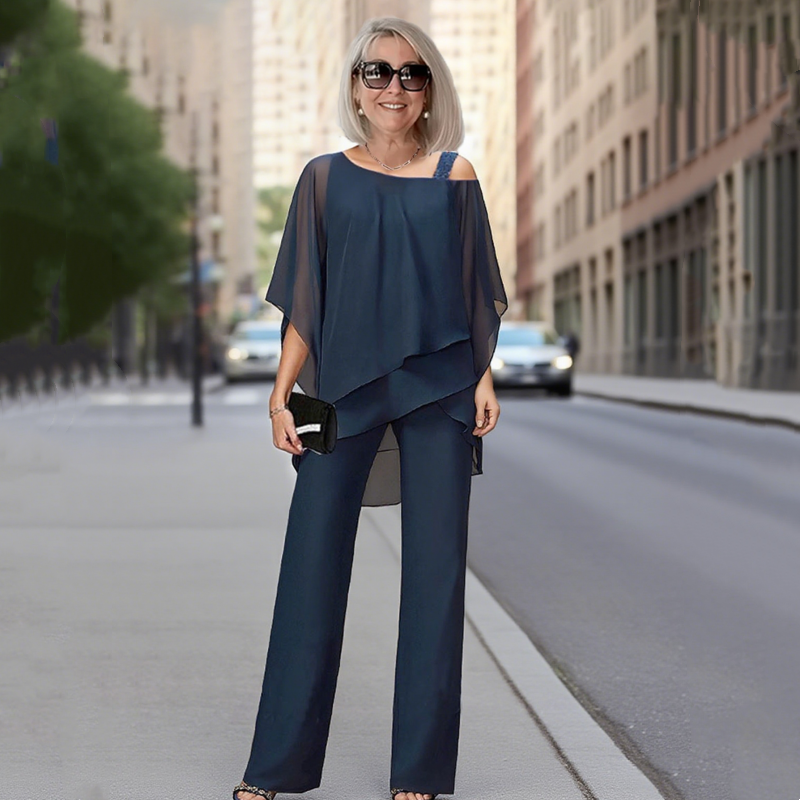 Conjunto de dos piezas para mujer: top asimétrico y pantalones anchos👚👖