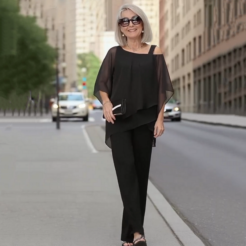 Conjunto de dos piezas para mujer: top asimétrico y pantalones anchos👚👖