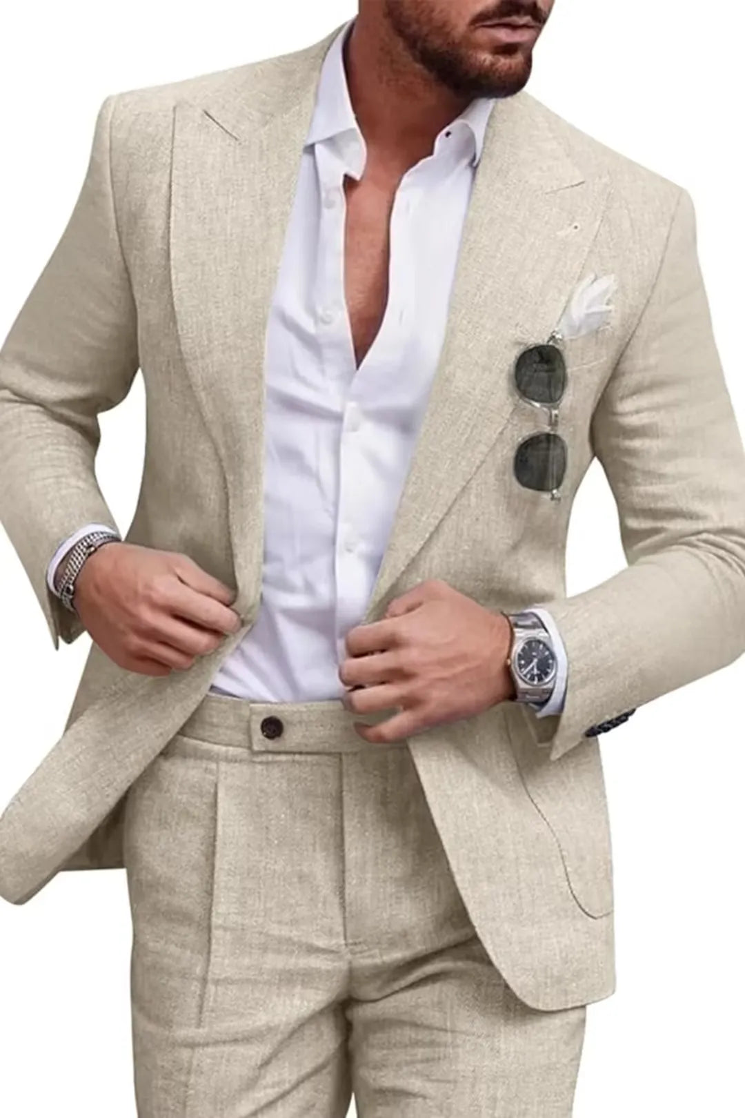 Traje de dos piezas de lino con solapas en pico para hombre