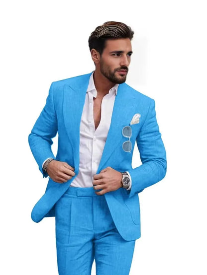 Traje de dos piezas de lino con solapas en pico para hombre