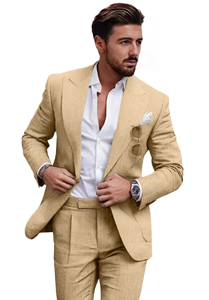 Traje de dos piezas de lino con solapas en pico para hombre