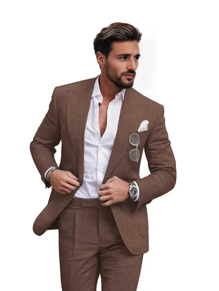 Traje de dos piezas de lino con solapas en pico para hombre