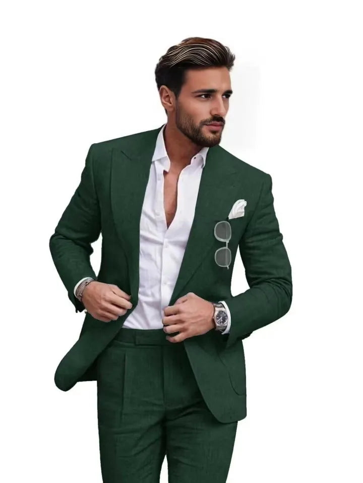 Traje de dos piezas de lino con solapas en pico para hombre