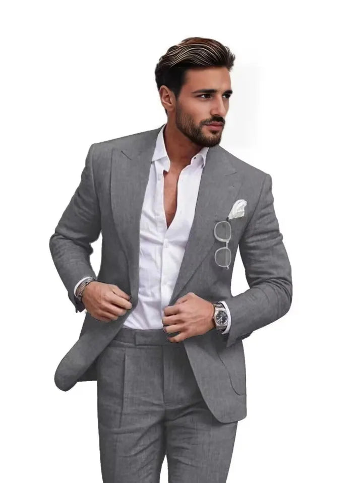Traje de dos piezas de lino con solapas en pico para hombre